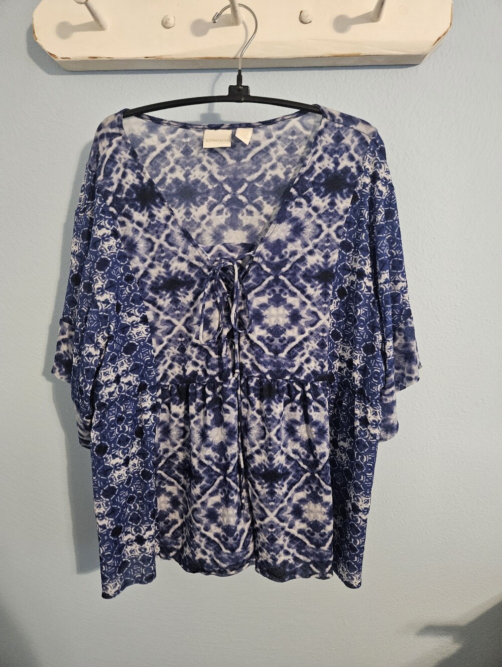 Chico's Blue and White Tie-Front Printed Peasant Top